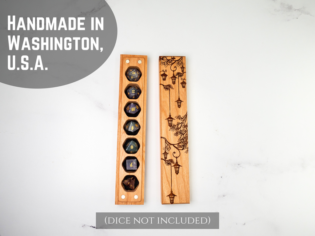 wooden dice vault stands with engraved designs on a white background, labeled 'Handmade in Washington, U.S.A.'