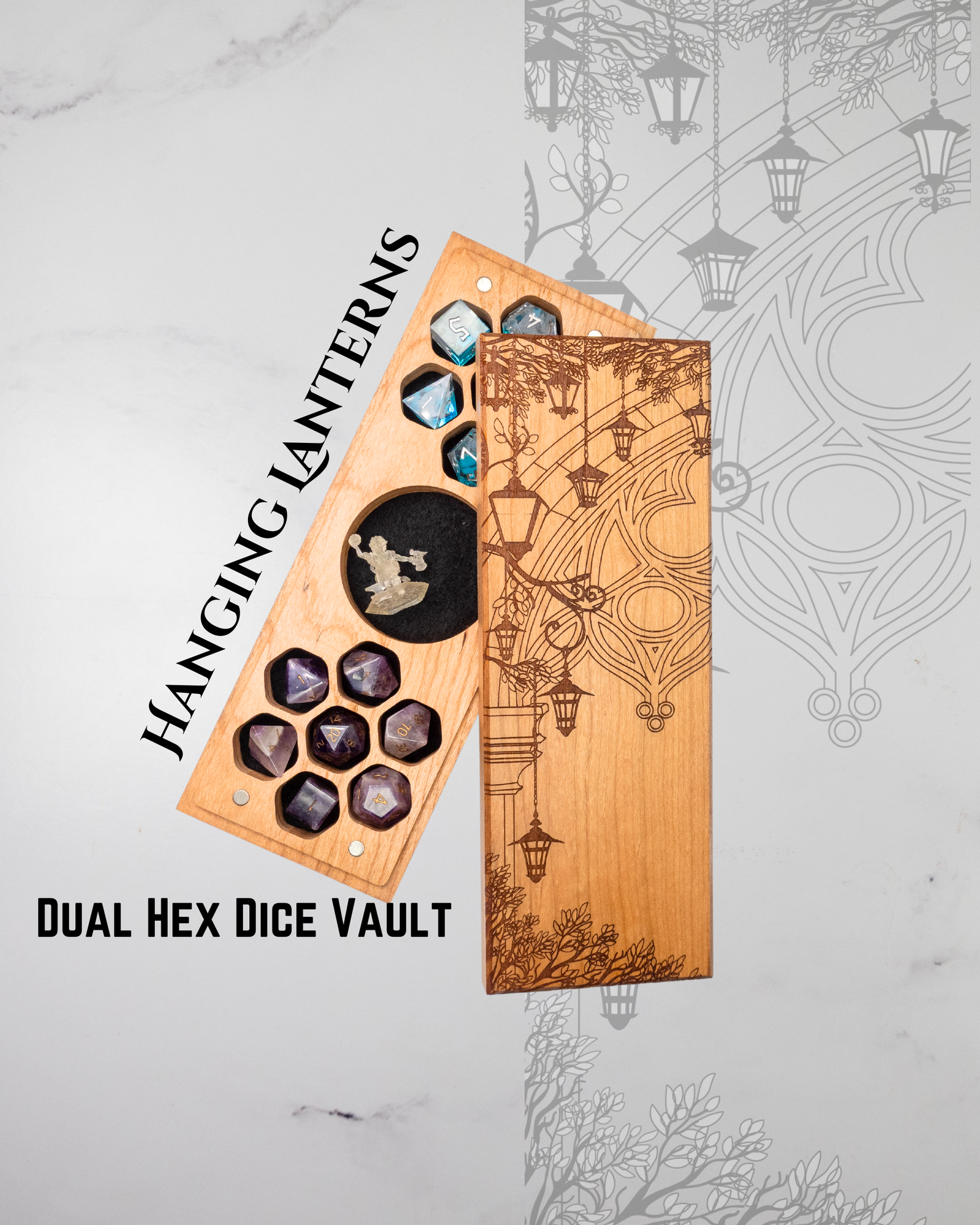 Wooden dice vault with engraved design on a decorative background