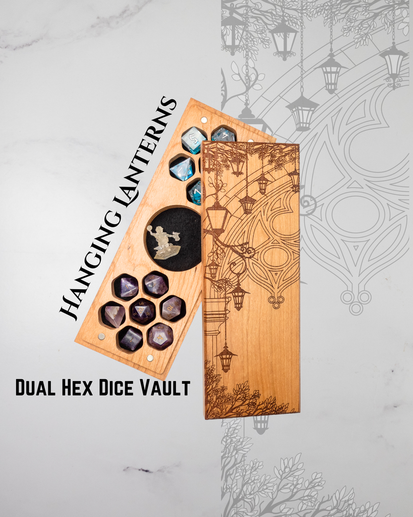 Wooden dice vault with engraved design on a decorative background