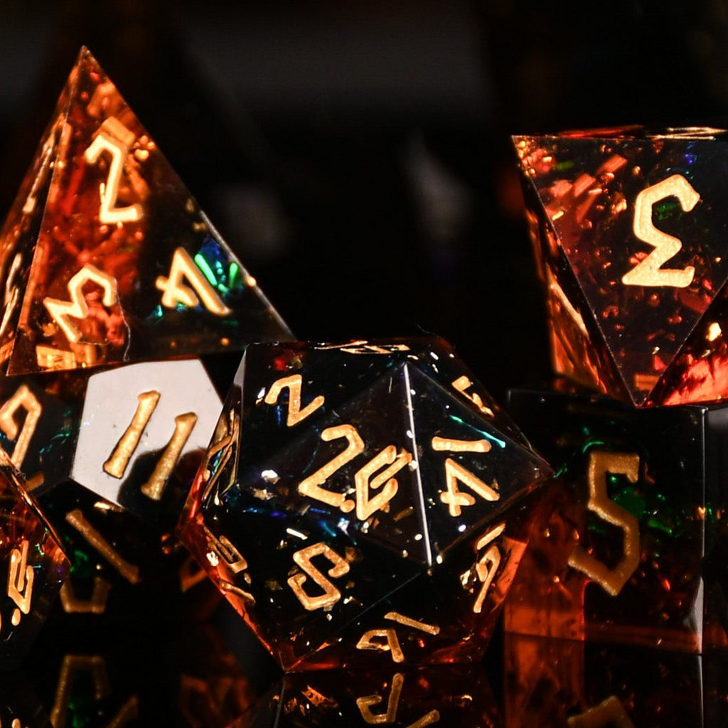 Hellish Rebuke Sharp-Edged Resin Dice with themes of red and orange, gold numbering and metallic foil inside for ttrpg and dnd