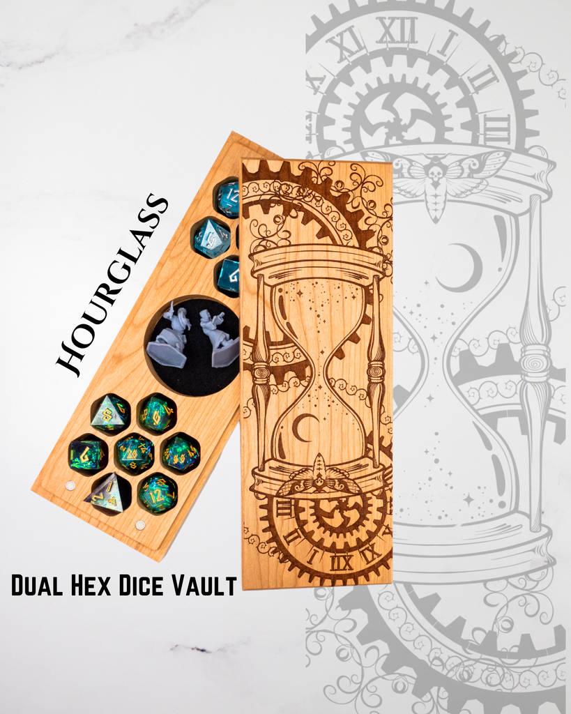 Wooden dice vault with hourglass design and dice inside, on a white background with clock illustration.