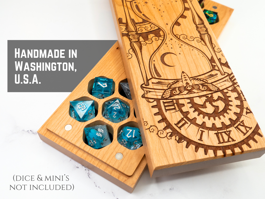 Wooden dice tray with engraved design on a white background, featuring 'Handmade in Washington, U.S.A.' text.