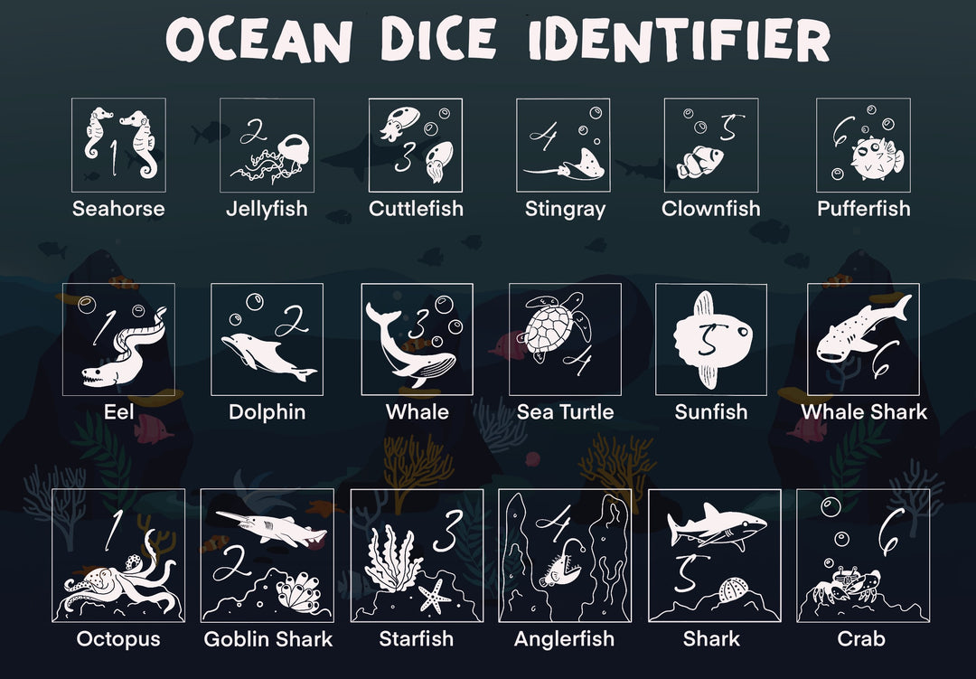 Ocean Dice Identifier with various marine animal icons on a dark background