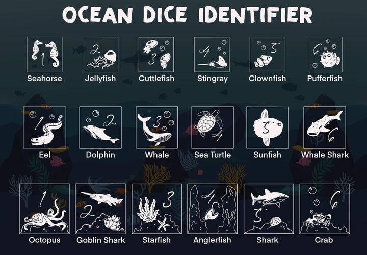 Ocean Dice Identifier with various marine animal icons on a dark background