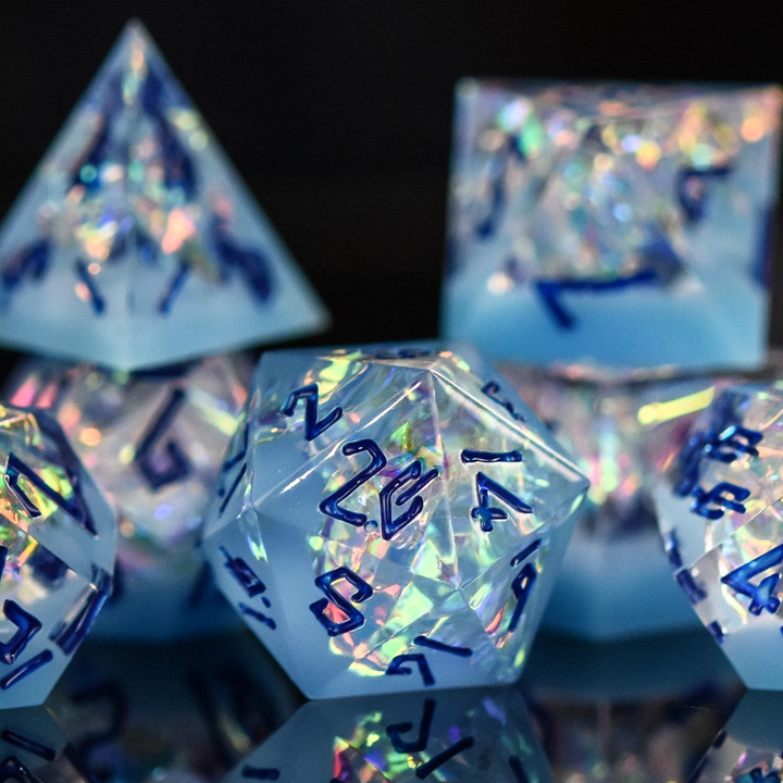 Holographic polyhedral dice with blue numbers on a reflective surface