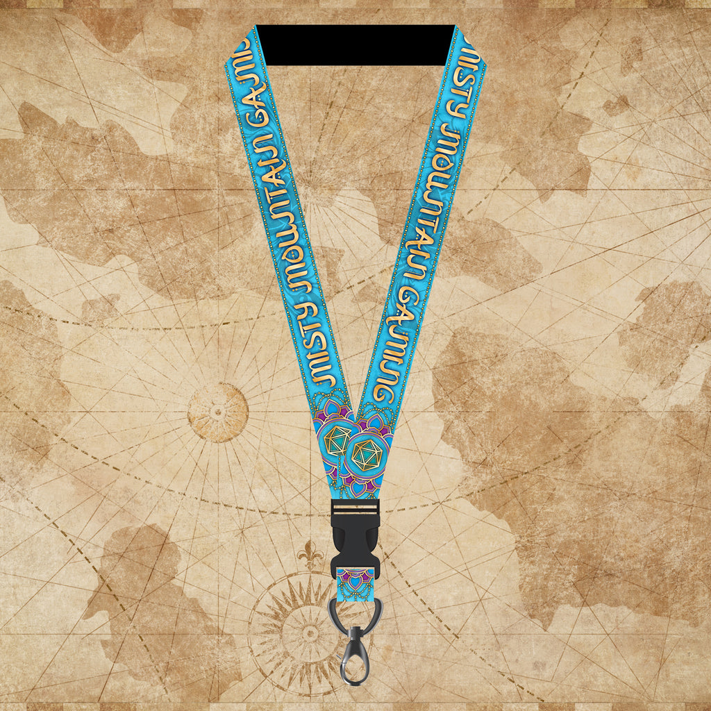 A blue lanyard with text and decorative elements, displayed against a vintage map background.