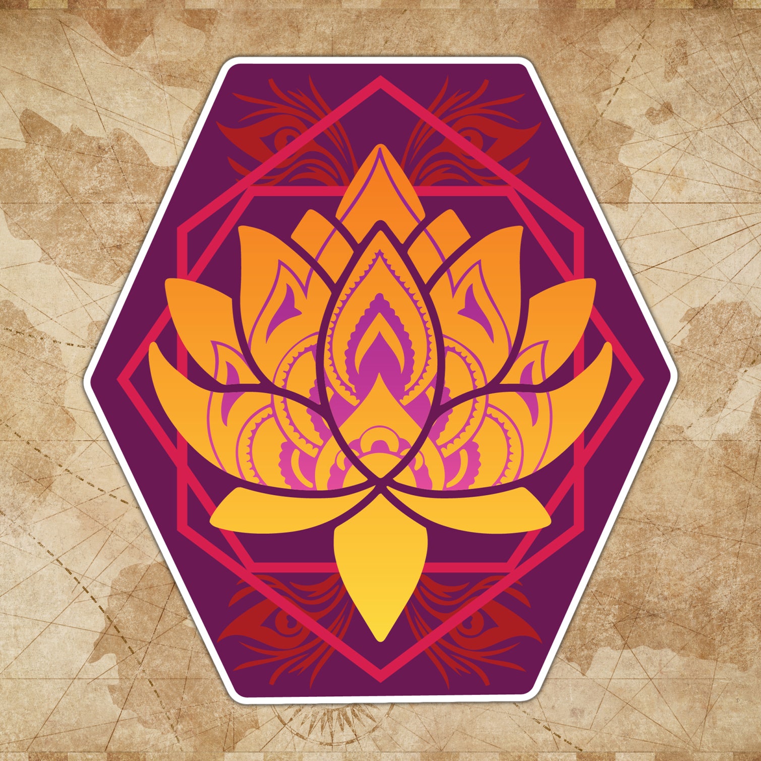 A hexagonal sticker with a geometric lotus flower design in orange, yellow, and pink on a brown textured background.