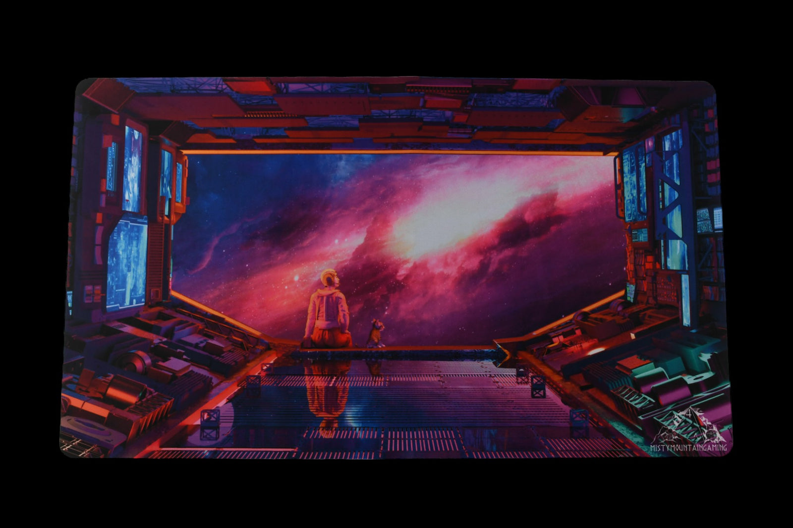 A rectangular gaming playmat featuring a space-themed design with a character looking out into space.