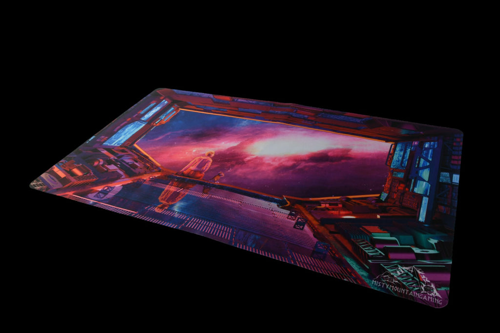 A rectangular gaming playmat featuring a space-themed design with a character looking out into space.