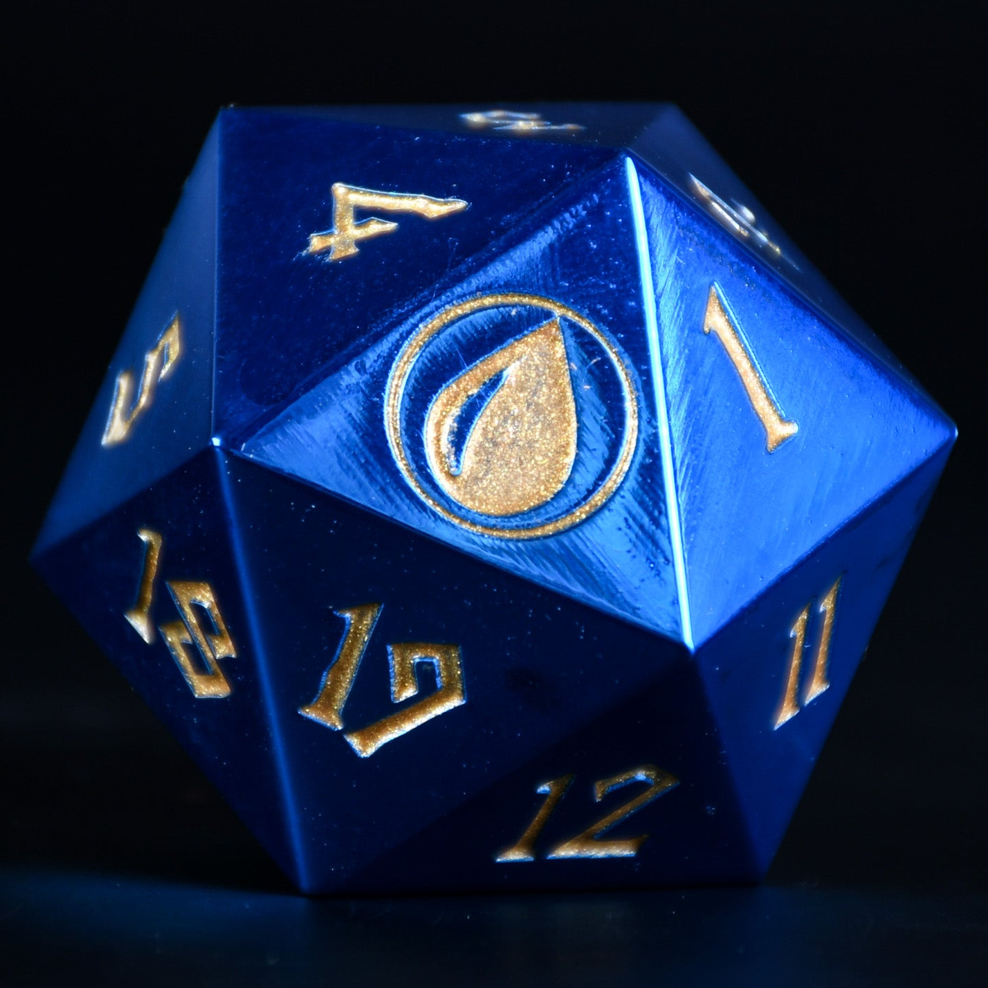Island mana mtg spindown d20 metal die with gold numbering on black background