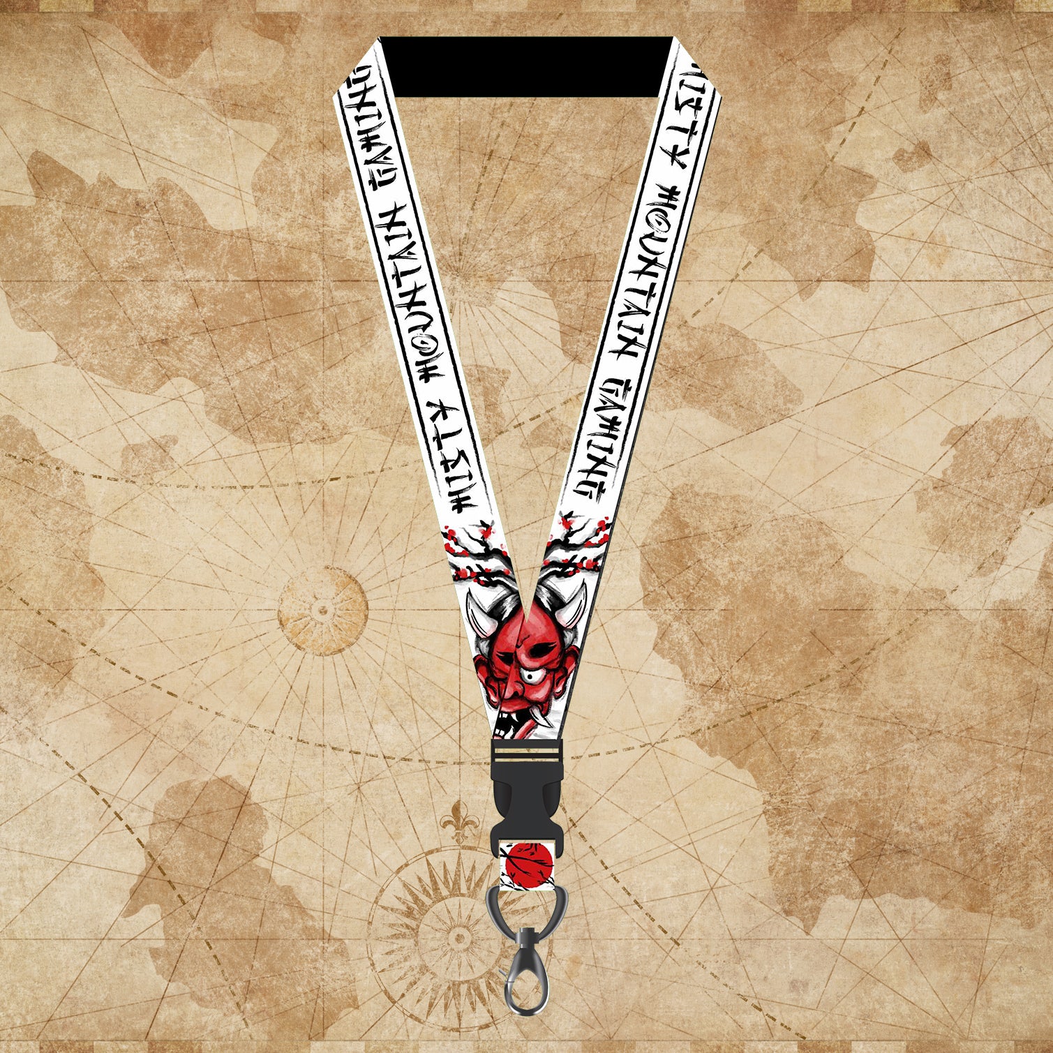 A lanyard with a red and black design and Japanese text, featuring a metal clasp and a plastic breakaway feature, displayed against a vintage map background.