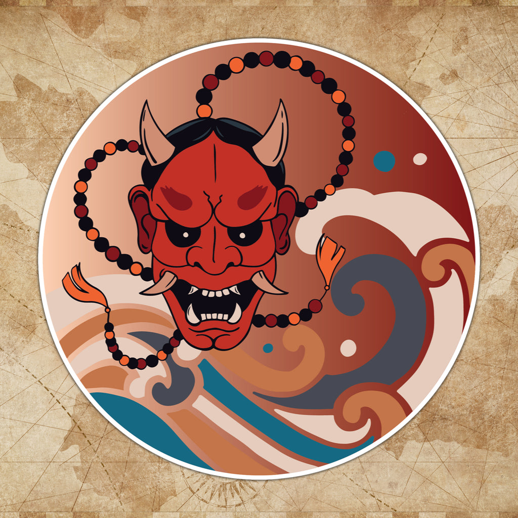 A colorful sticker featuring a traditional Japanese oni mask design with intricate patterns and wave motifs.