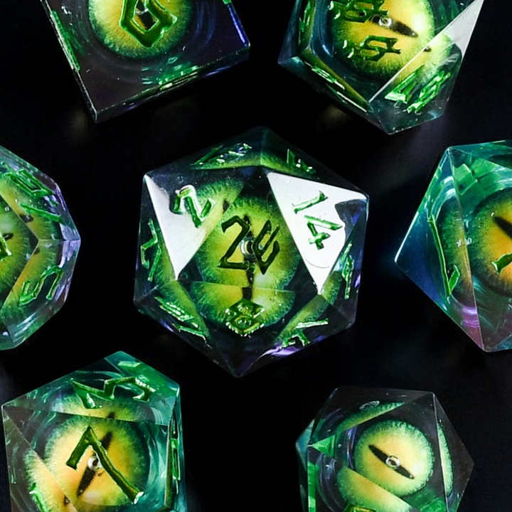 Green polyhedral dice set on a black background