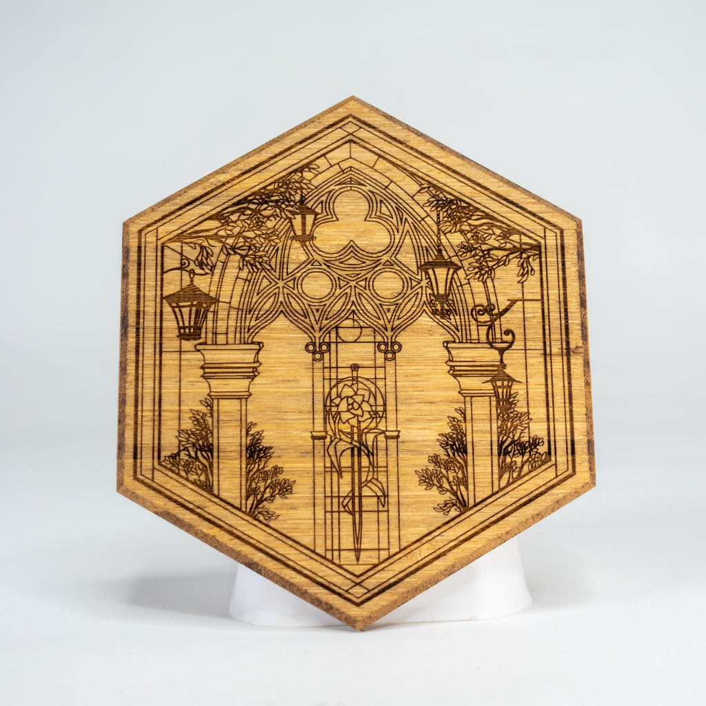 A hexagonal-shaped wooden lantern gate shield with intricate engravings.