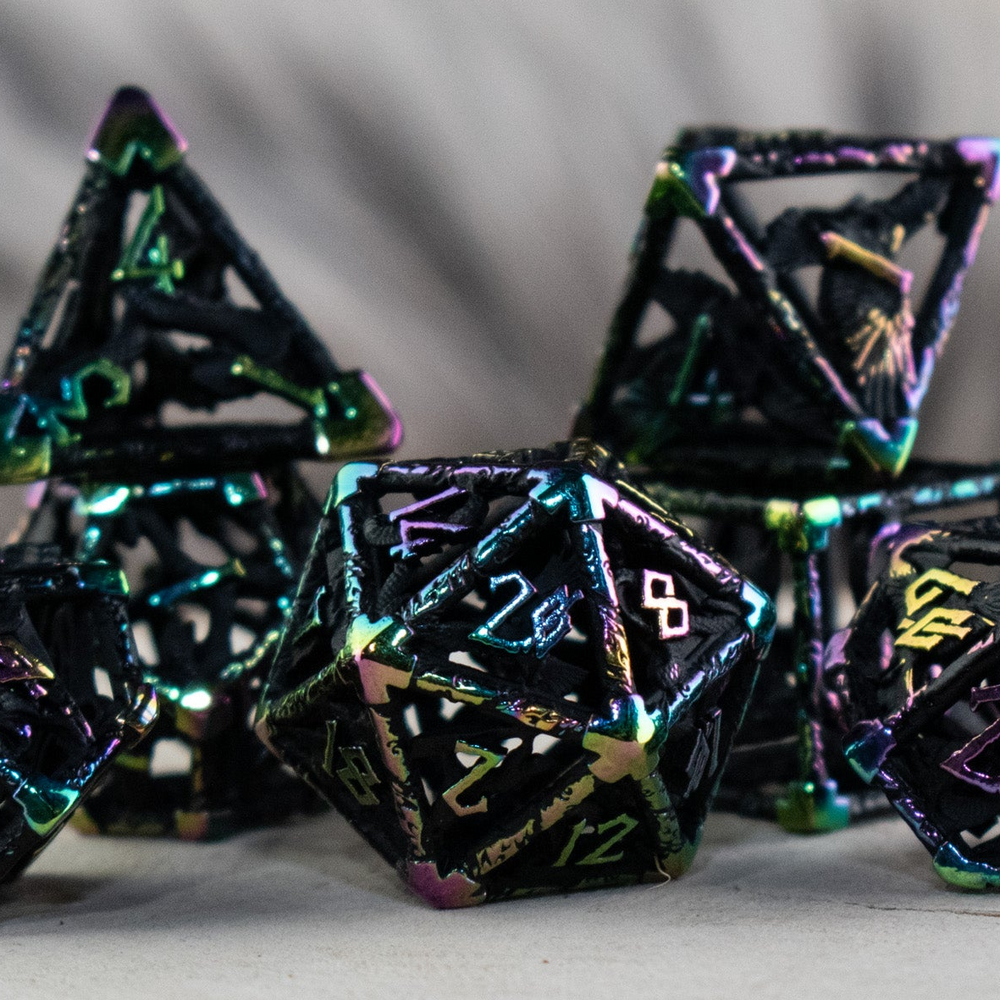 Pre-Order|| Legends of Valhalla - Matte Black and Iridescent Hollow Metal Dice Set