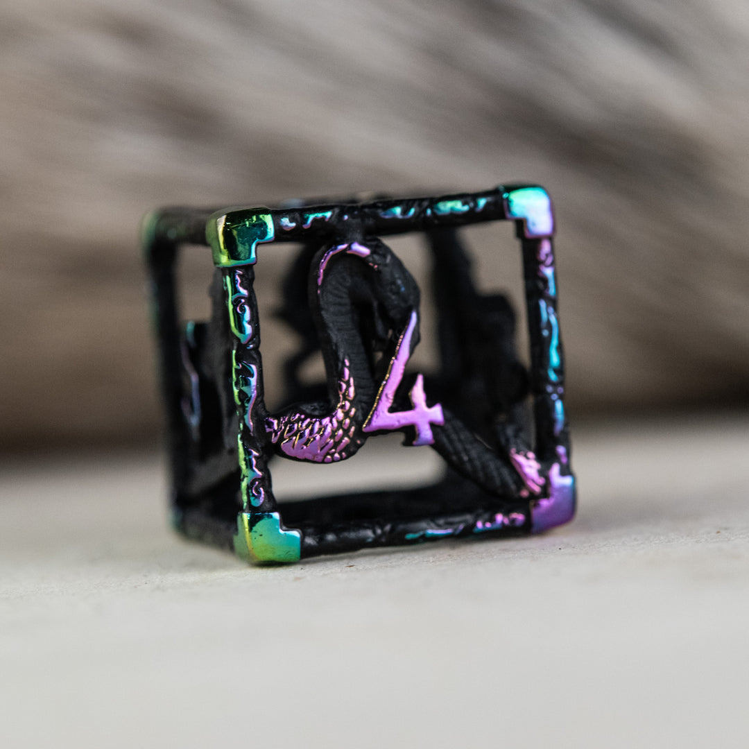 A set of black and iridescent hollow metal dice with embossed numbers, including various shapes commonly used in RPGs.