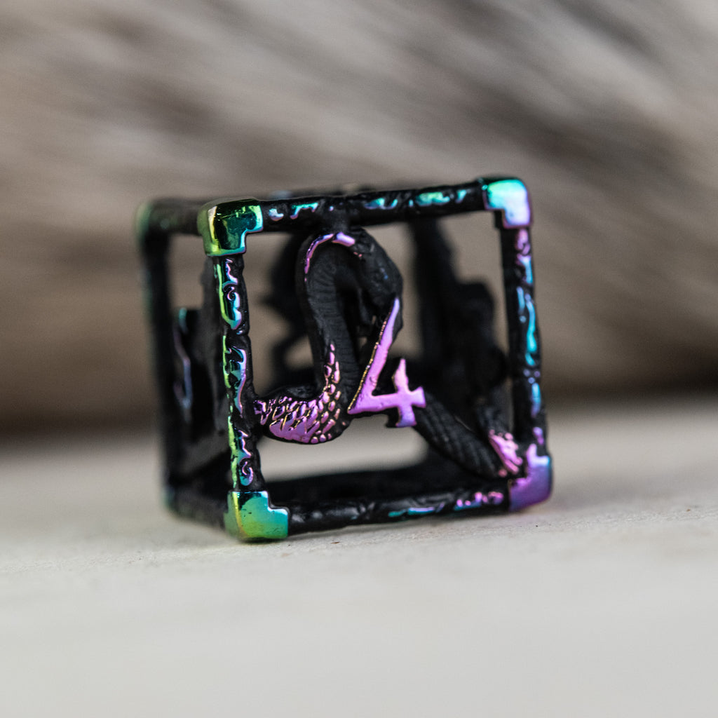 A set of black and iridescent hollow metal dice with embossed numbers, including various shapes commonly used in RPGs.
