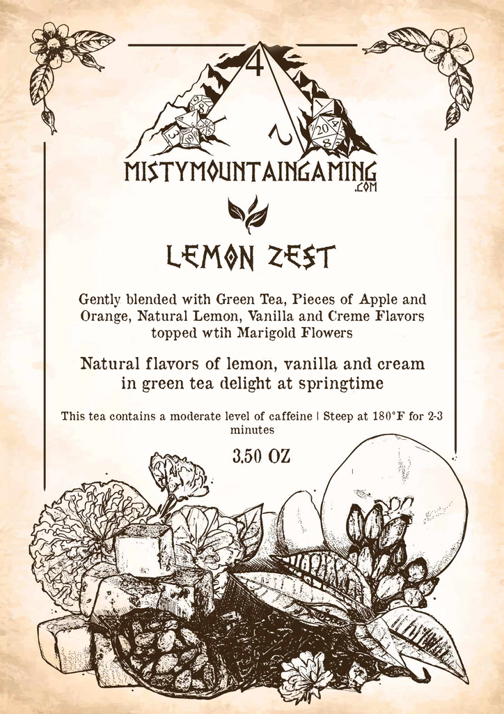 Lemon Zest Tea with Green Tea, pieces of apple and orange, natural lemon, vanilla and creme flavors topped with Marigold Flowers