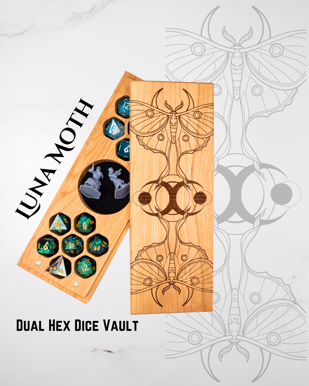 Wooden dice vault with Luna Moth design and hexagonal dice on a white background with butterfly illustrations.