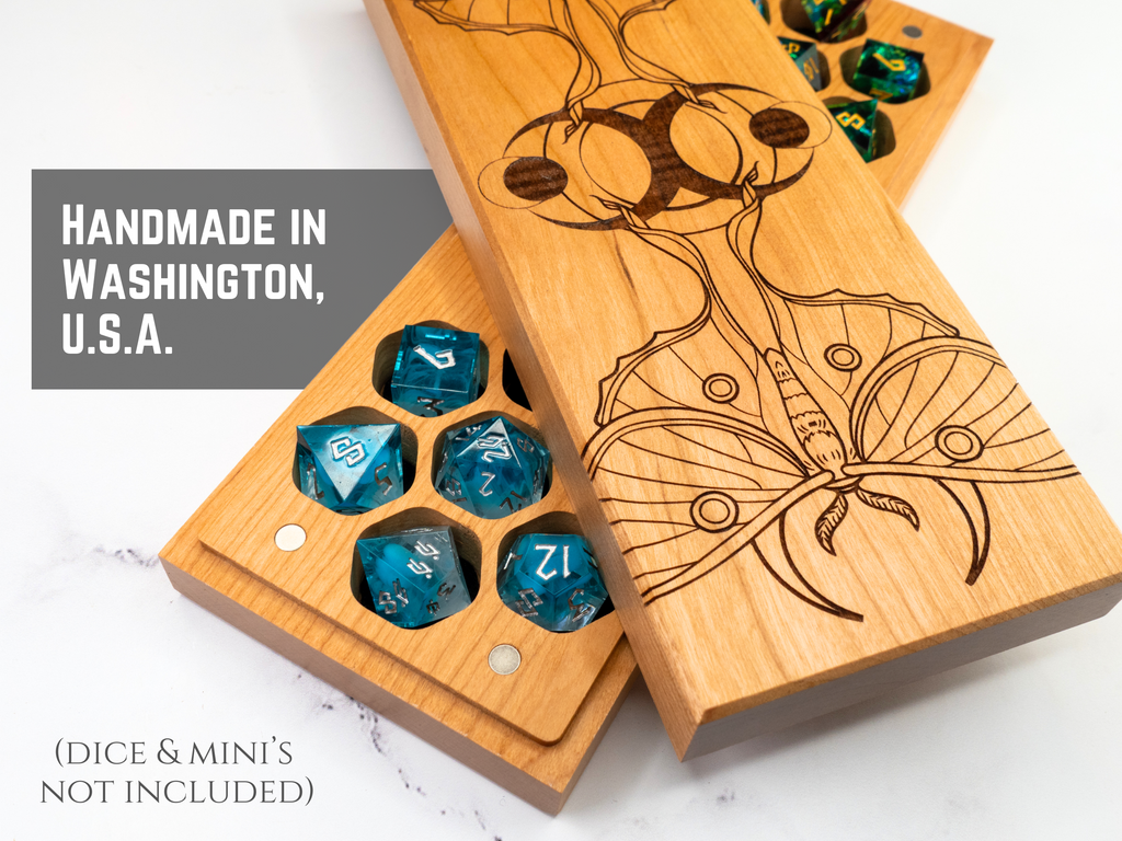 Wooden dice tray with engraved design on a white background, featuring 'Handmade in Washington, U.S.A.' text.