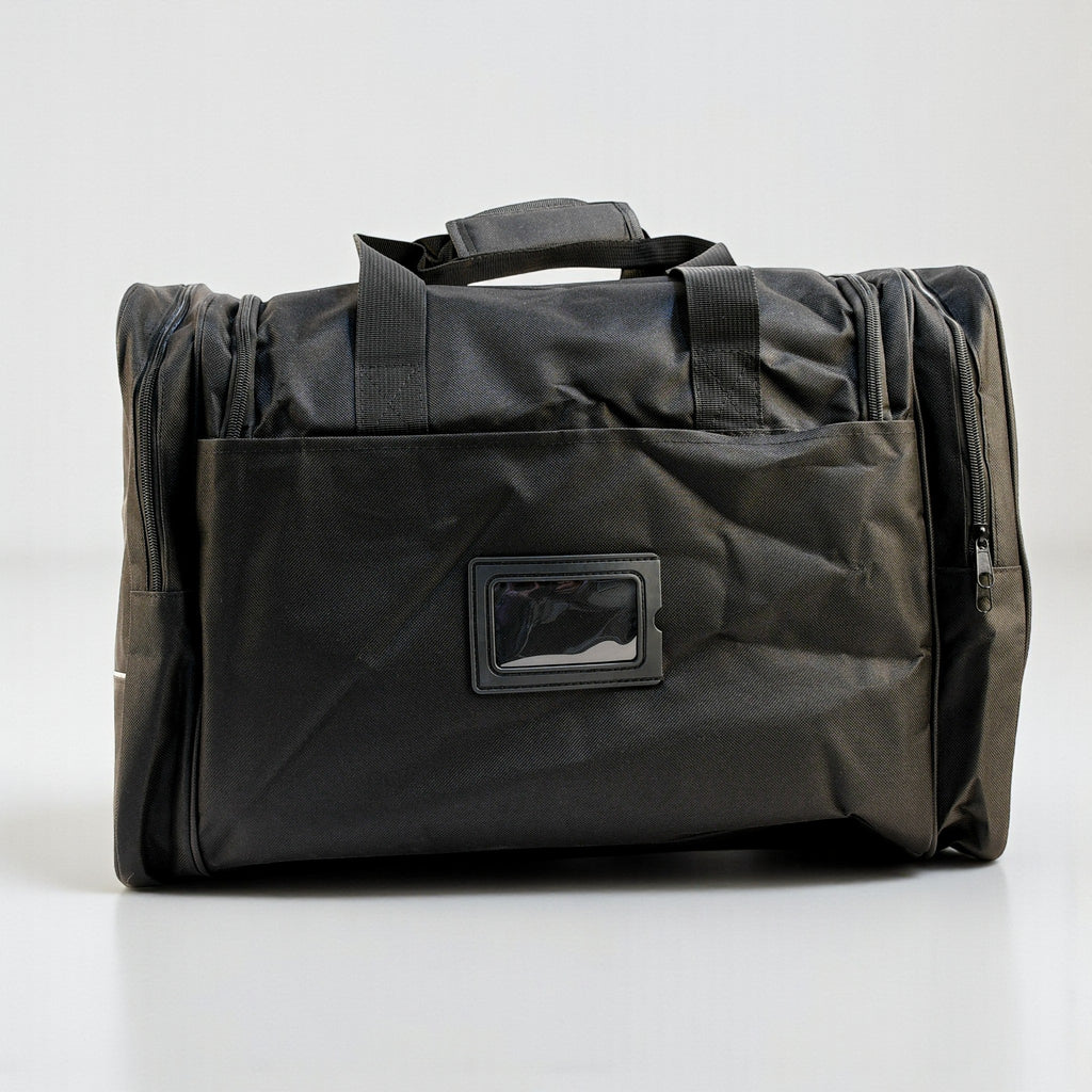 Black duffel bag on a white background