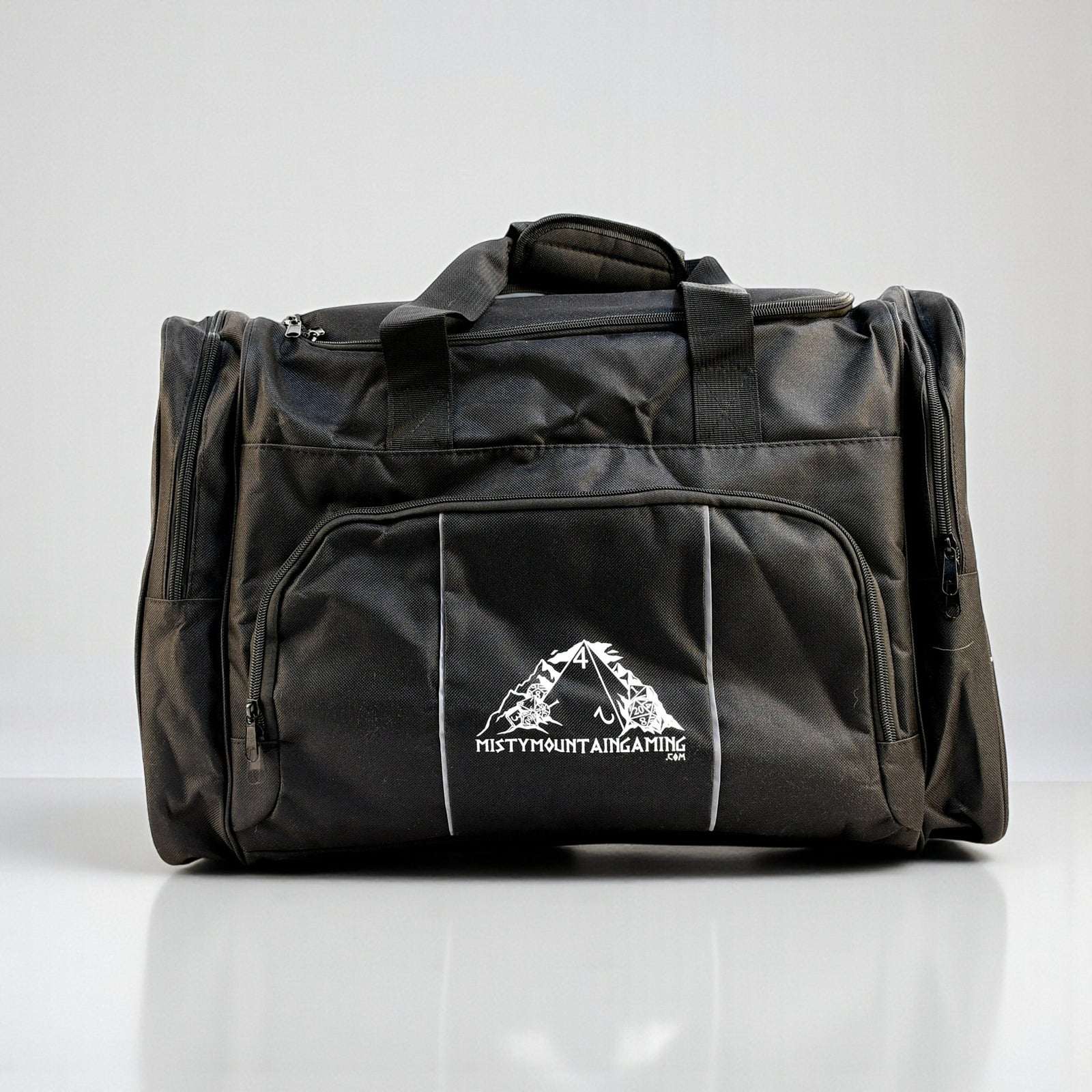 Black duffel bag with a logo on a white background