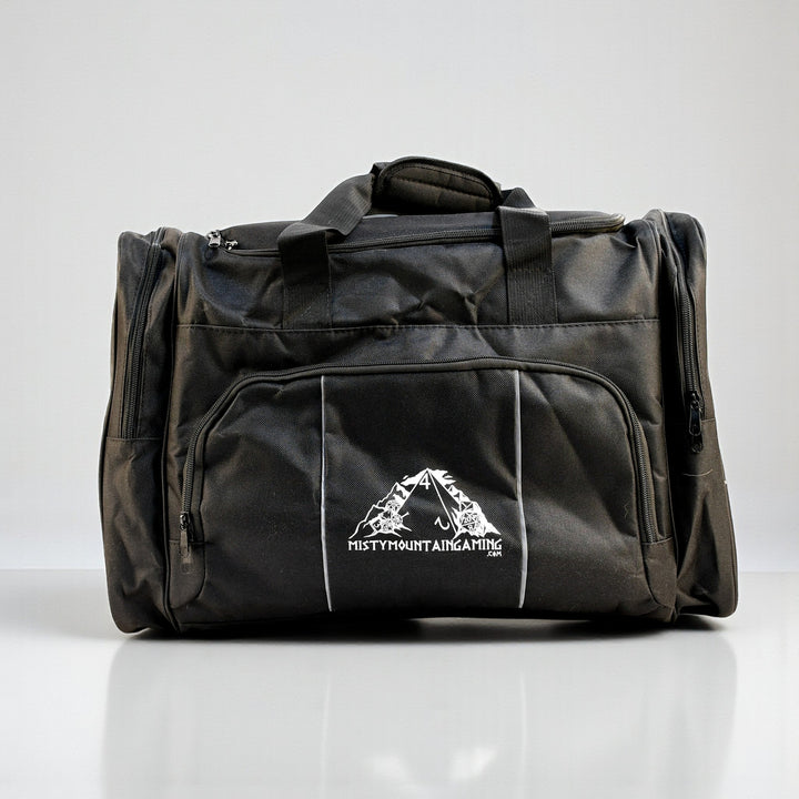 Black duffel bag with a logo on a white background