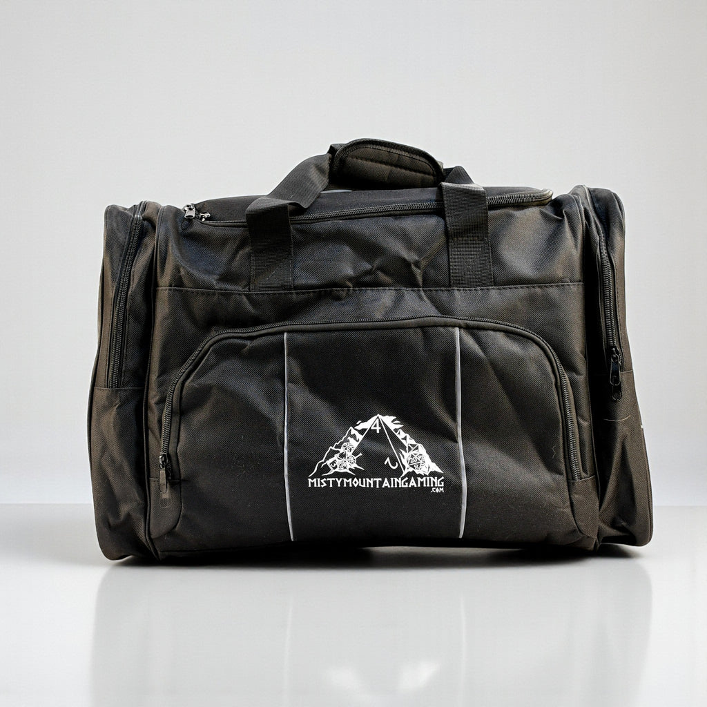 Black duffel bag with a logo on a white background