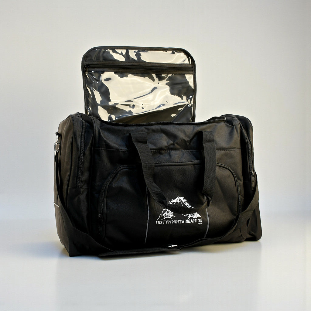 Black duffel bag with a white logo on a light gray background