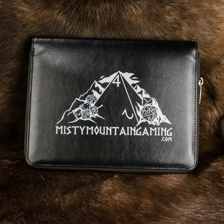 A black poly-leather zippered dice case with foam lining, featuring a white logo &