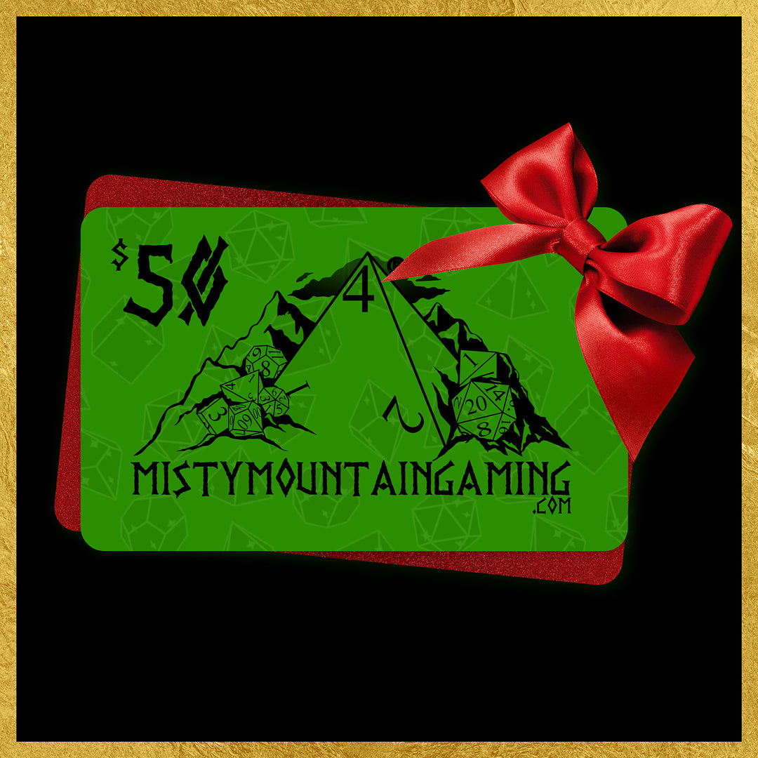 Green gift card with red ribbon featuring &