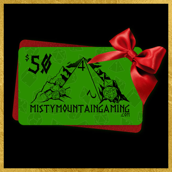 Green gift card with red ribbon featuring &