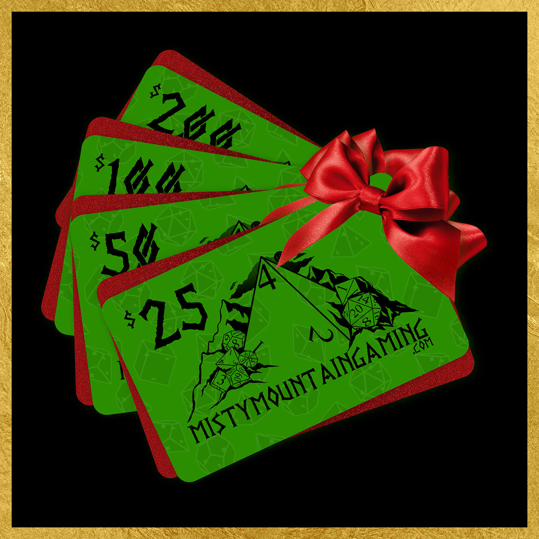 A digital image of a gold-colored gift card with a bow icon on the top left and the Misty Mountain Gaming logo on the bottom. The background is black.
