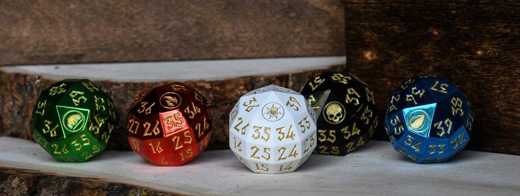 Five MTG land d40 spindown dice metal