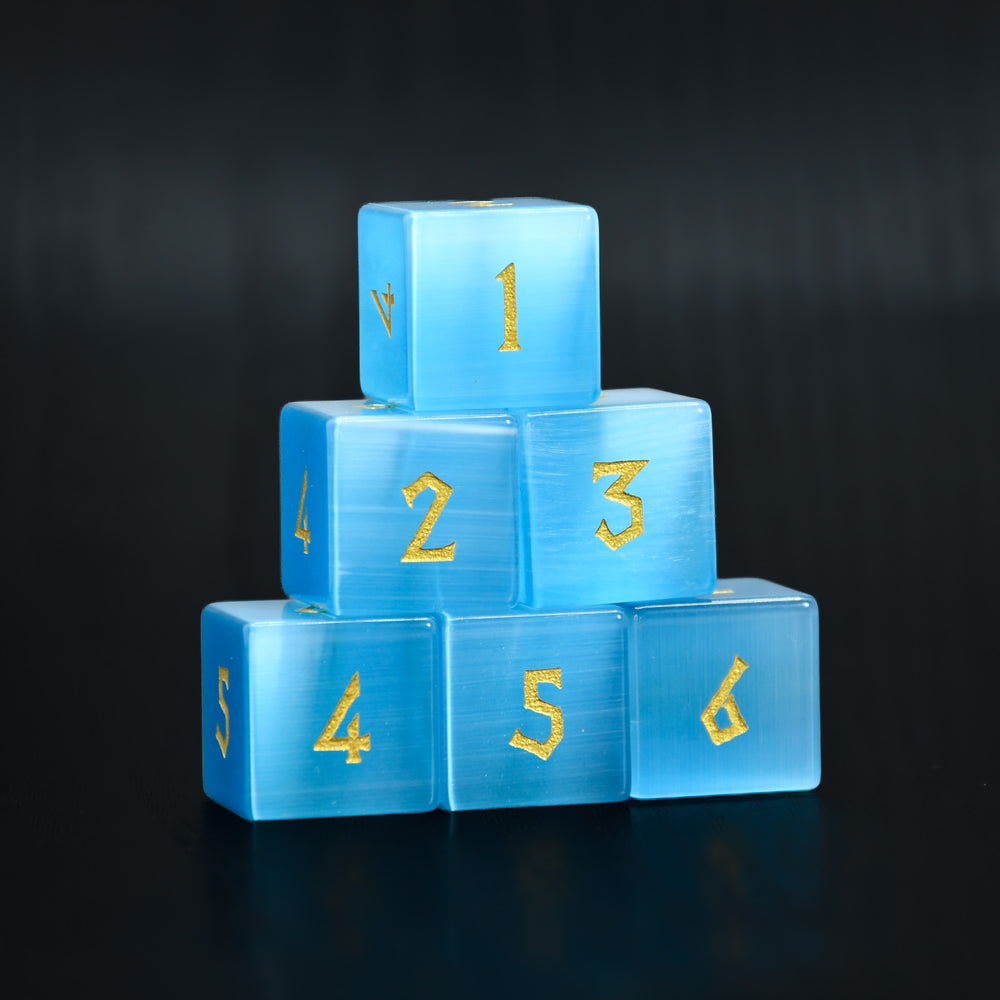 Aqua Cat's Eye 6pc d6 Stone Dice Set