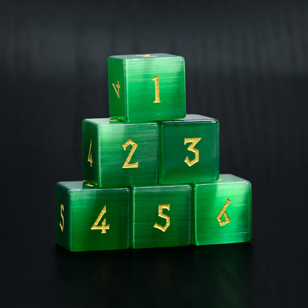 Green Cat's Eye 6pc d6 Stone Dice Set
