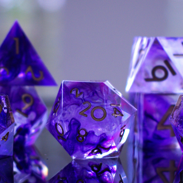A set of sharp-edged, purple resin dice with engraved numbers, including various shapes such as a d4, d6, d8, d10, d12, and d20.