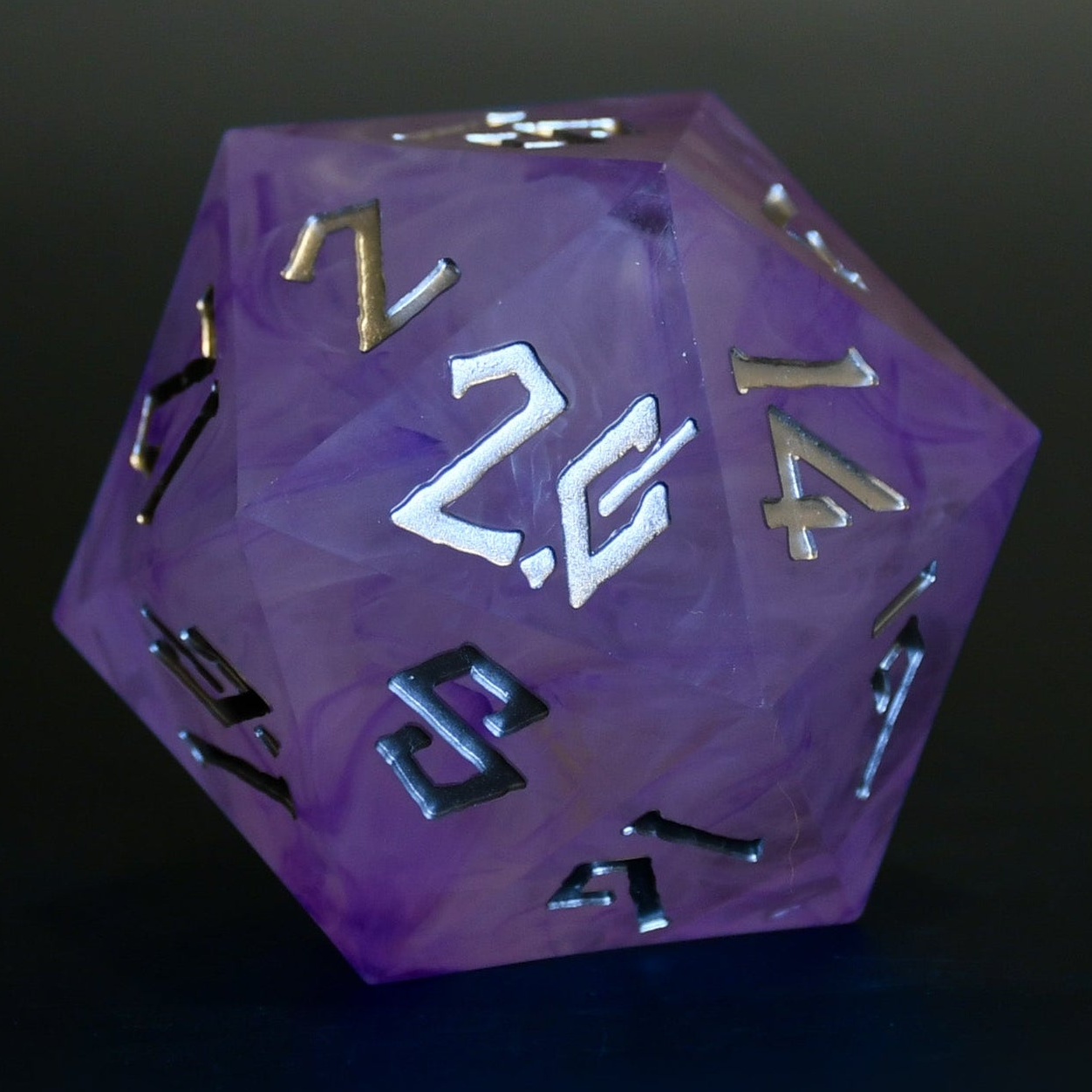 A 50mm purple resin dice with engraved numbers, showing the number 20, designed for tabletop RPG games.