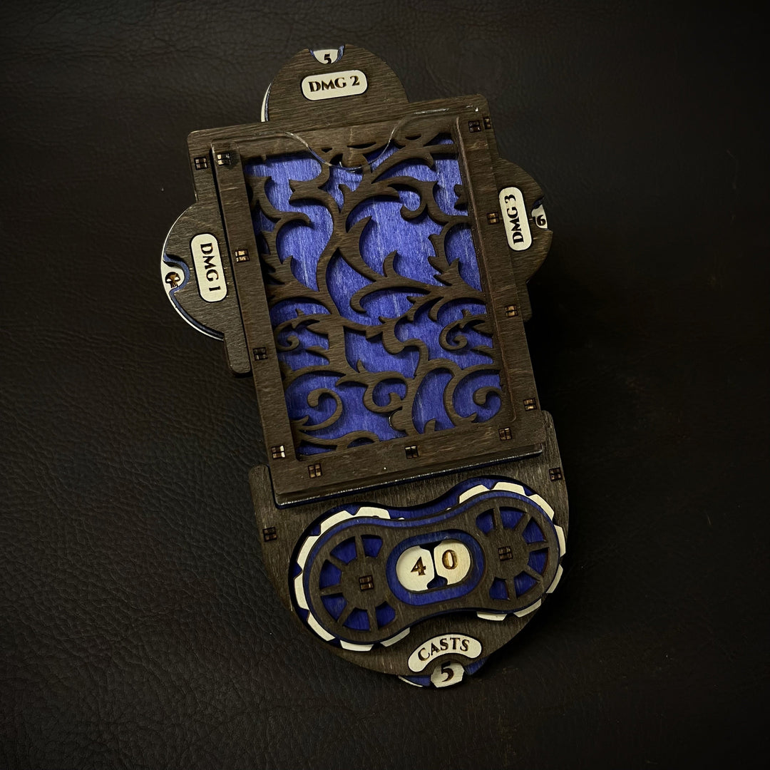 A black and blue Magic: The Gathering Command Zone game accessory with a magnetic life counter and damage dials.