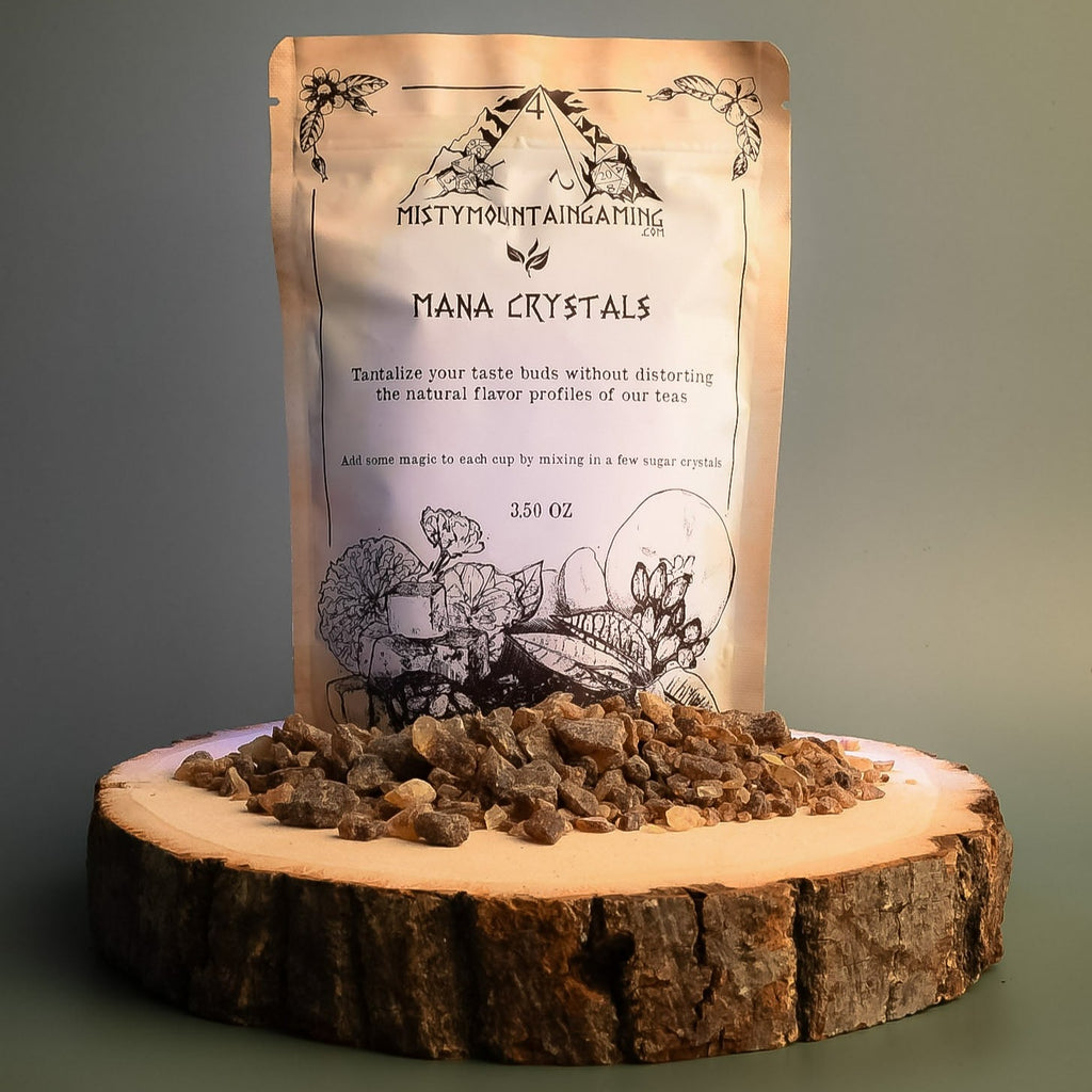 A package labeled 'Mana Crystals' is displayed with sugar crystals spilling out onto a wooden platform.