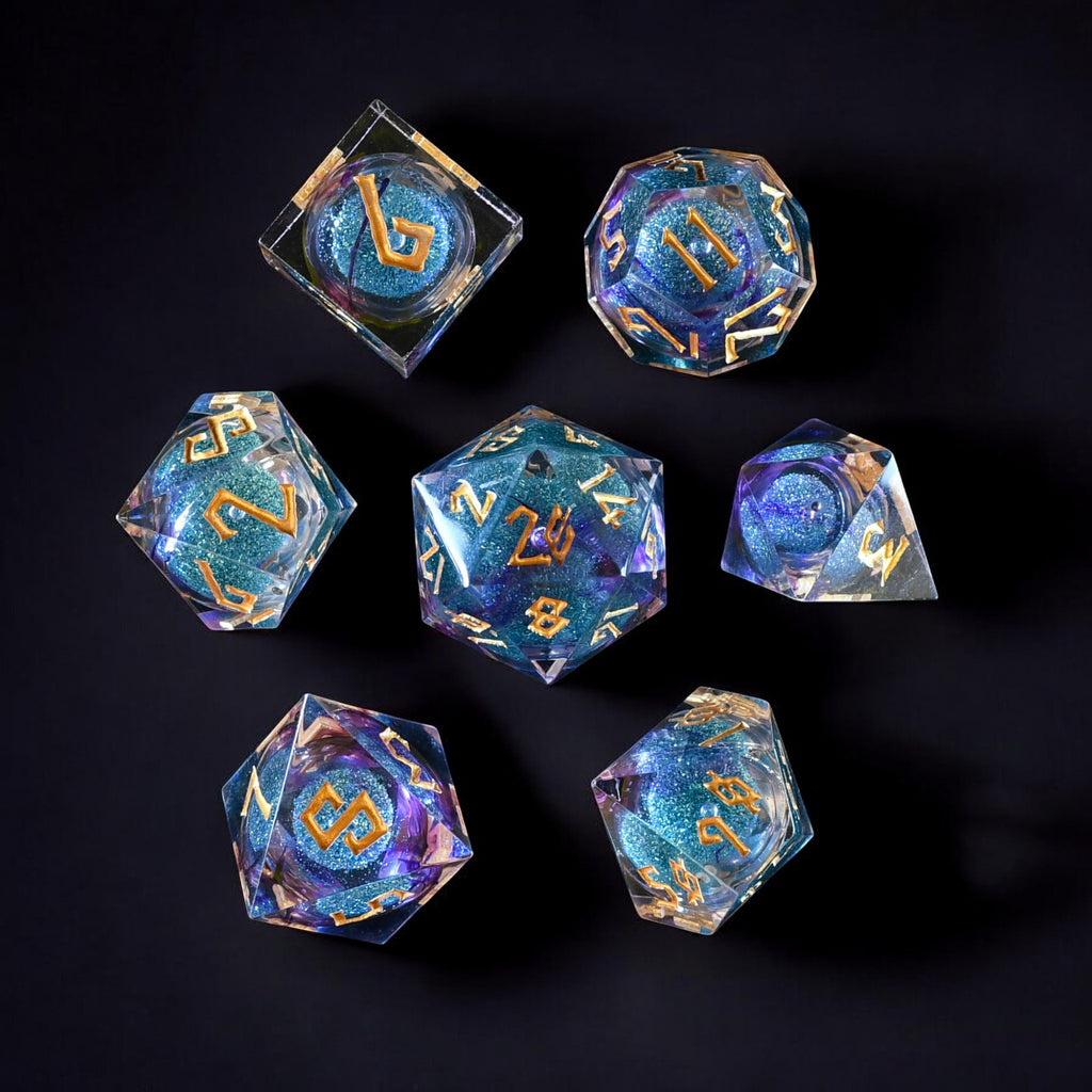 A set of resin liquid core dice with purple and blue glitter, hand-crafted and painted with engraved numbers for tabletop RPG games.