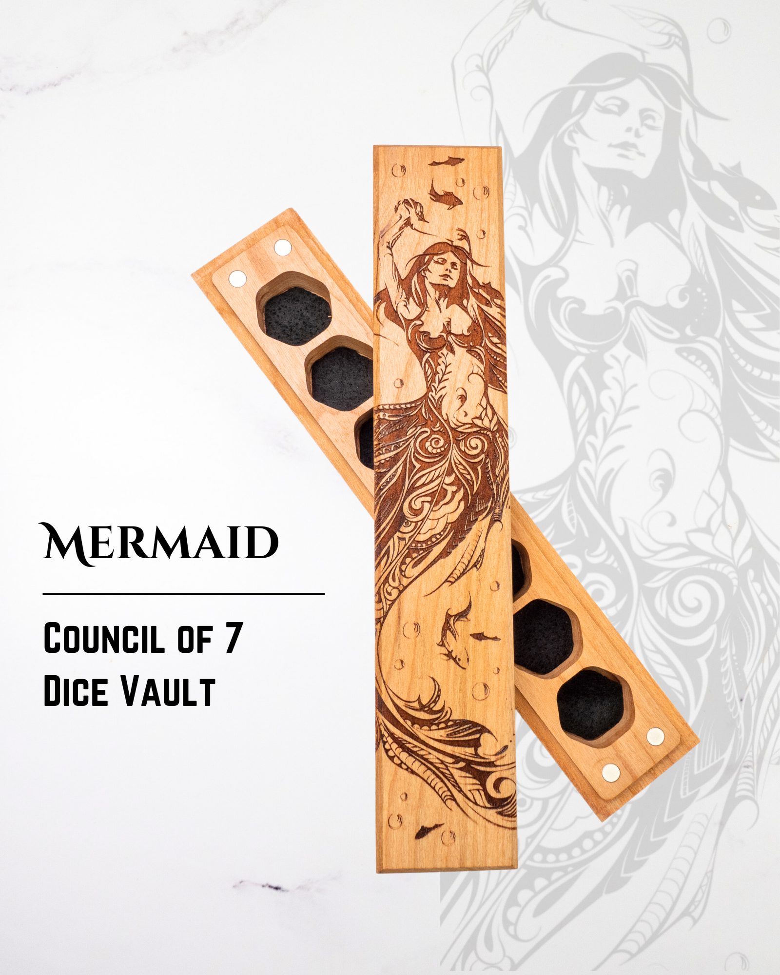Wooden dice vault with mermaid design on a white background