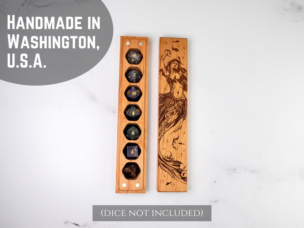 Wooden dice tray with engraved design on a white background, labeled 'Handmade in Washington, U.S.A.'