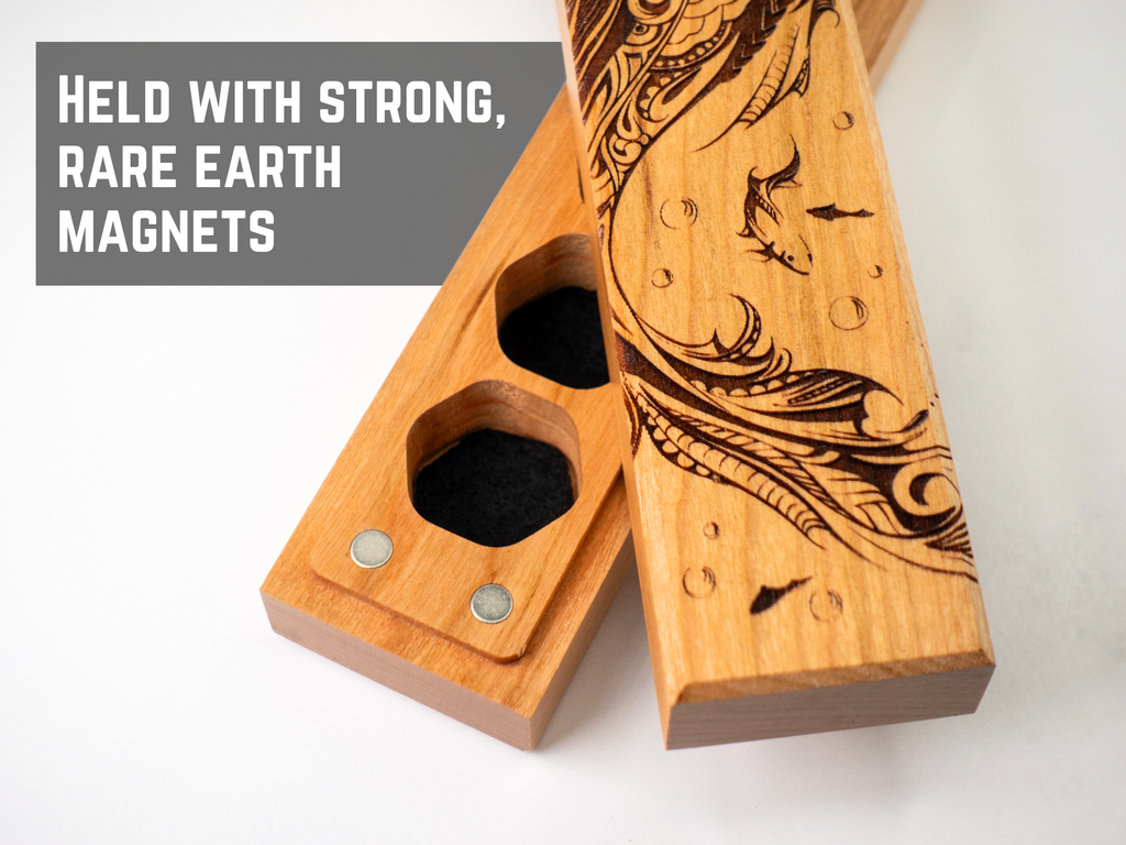 engraved wood dice storage vault for dnd dice