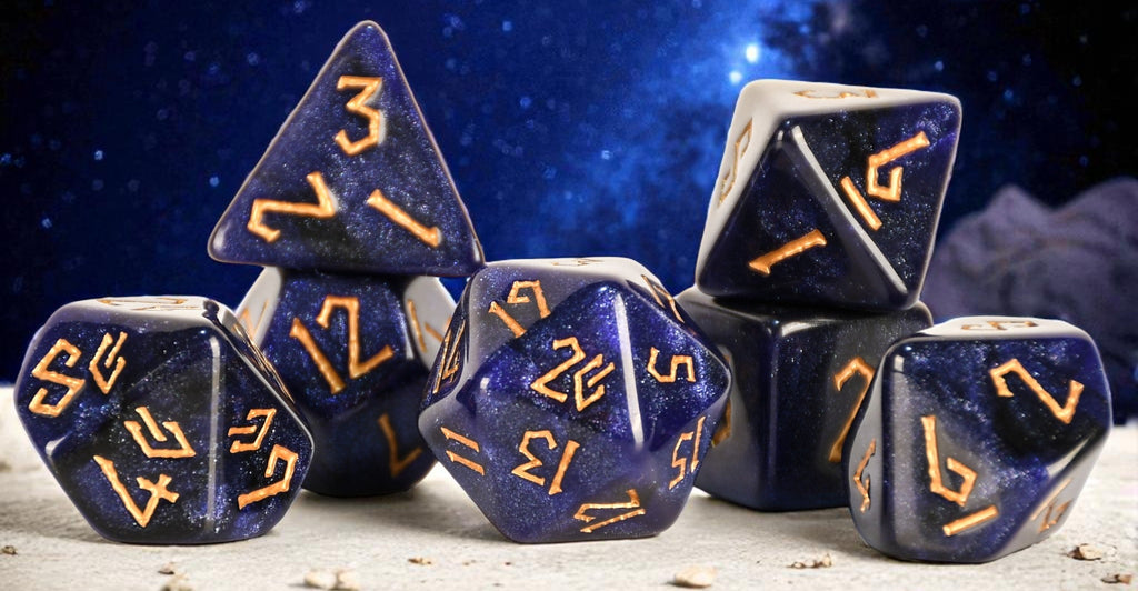 Blue polyhedral dice with gold numbers for dnd