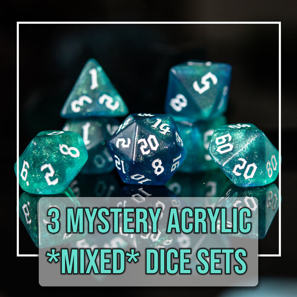 An acrylic dice set with the words "3 mystery acrylic mixed dice sets"