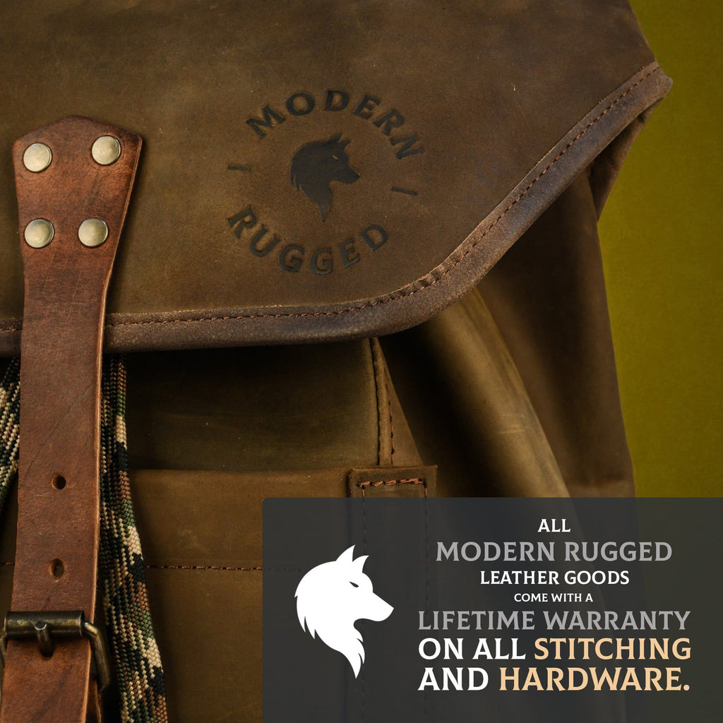 Brown leather bag with 'Modern Rugged' branding on a dark background