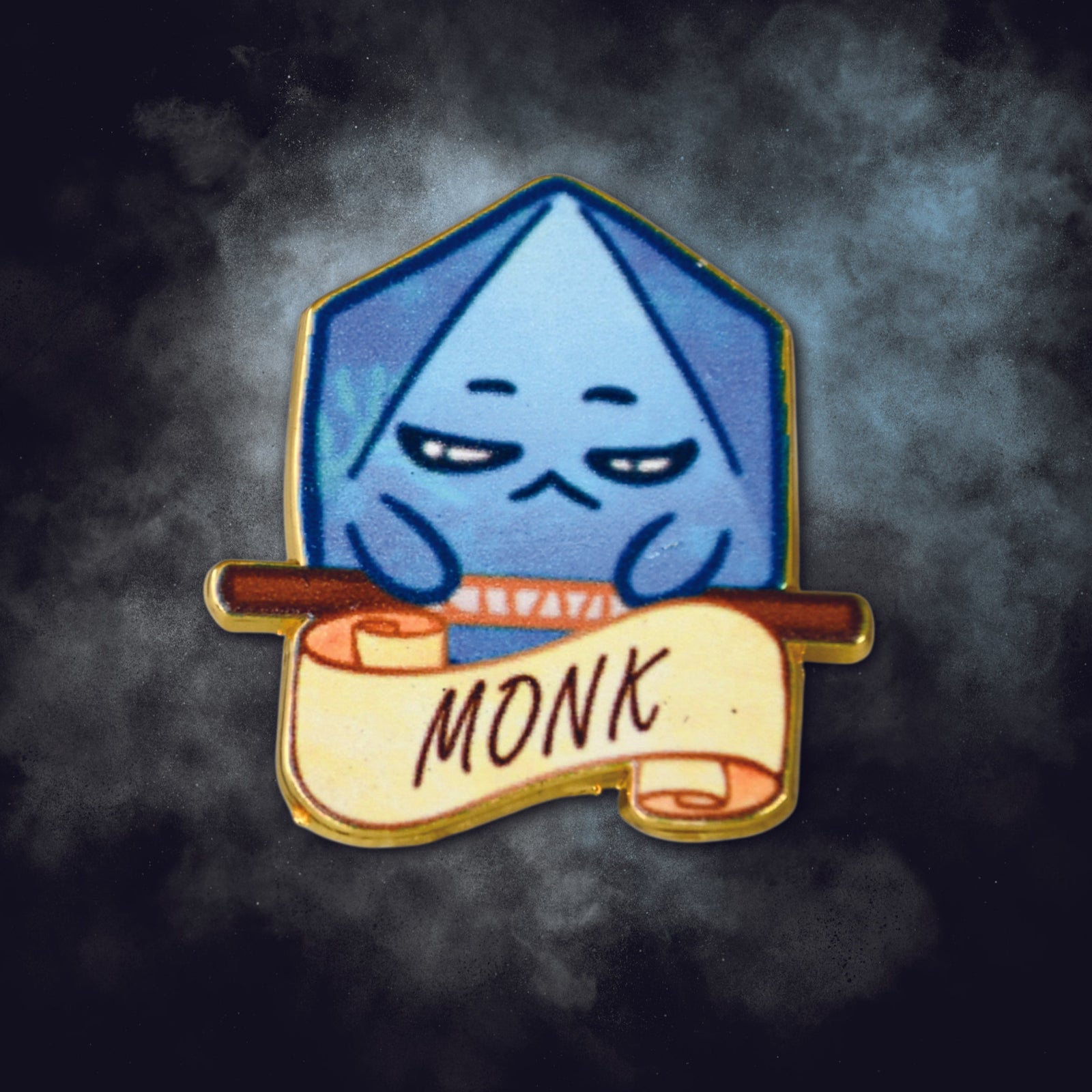 Blue d20 pin character holding a banner with 'MONK' on a dark background