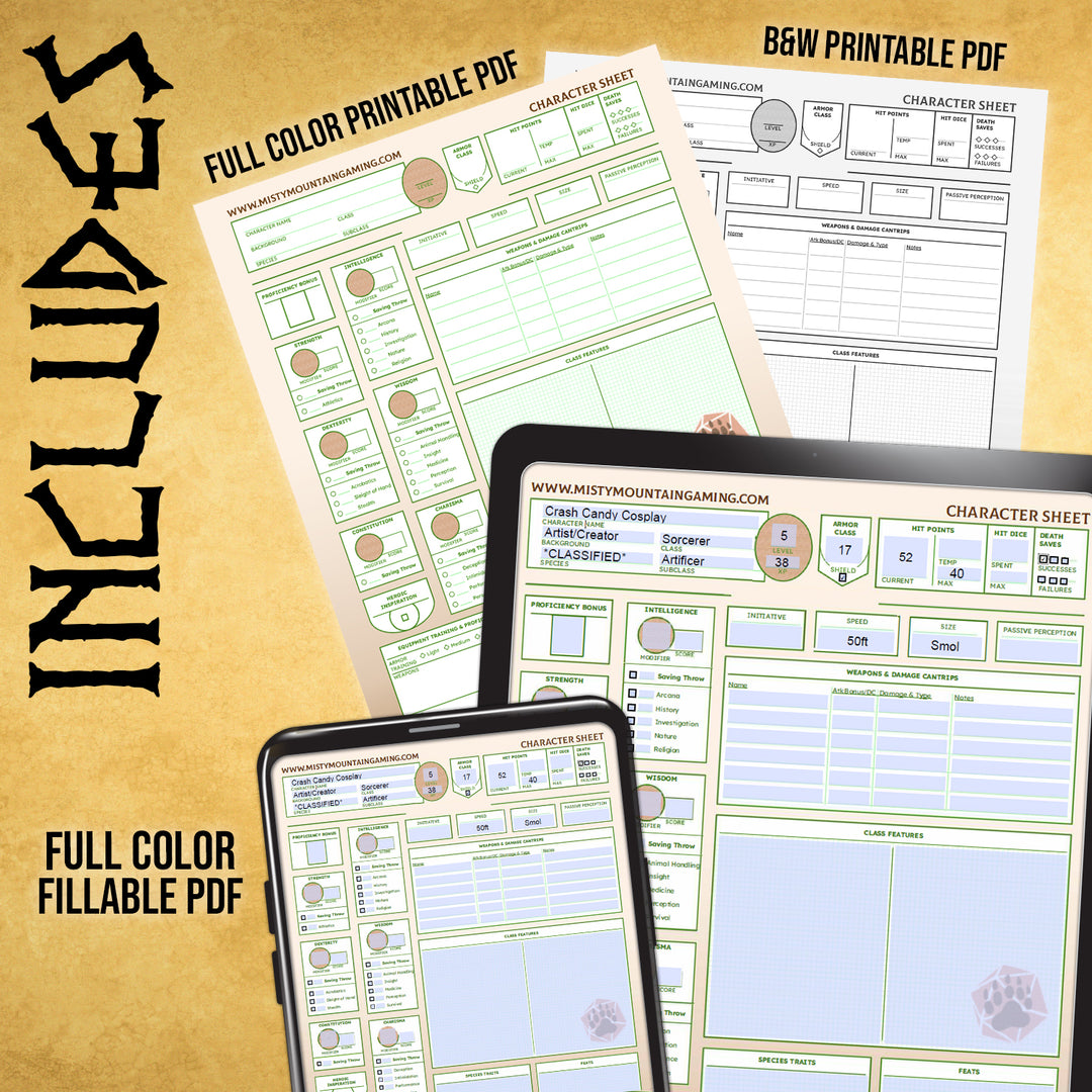 Dungeons and Dragons character sheet printable fillable pdf form art dnd d&amp;d