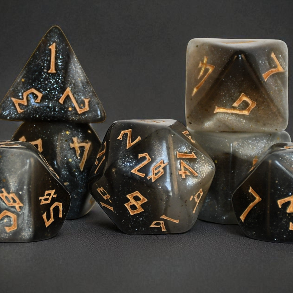 Set of black dice with gold numbers on a dark background